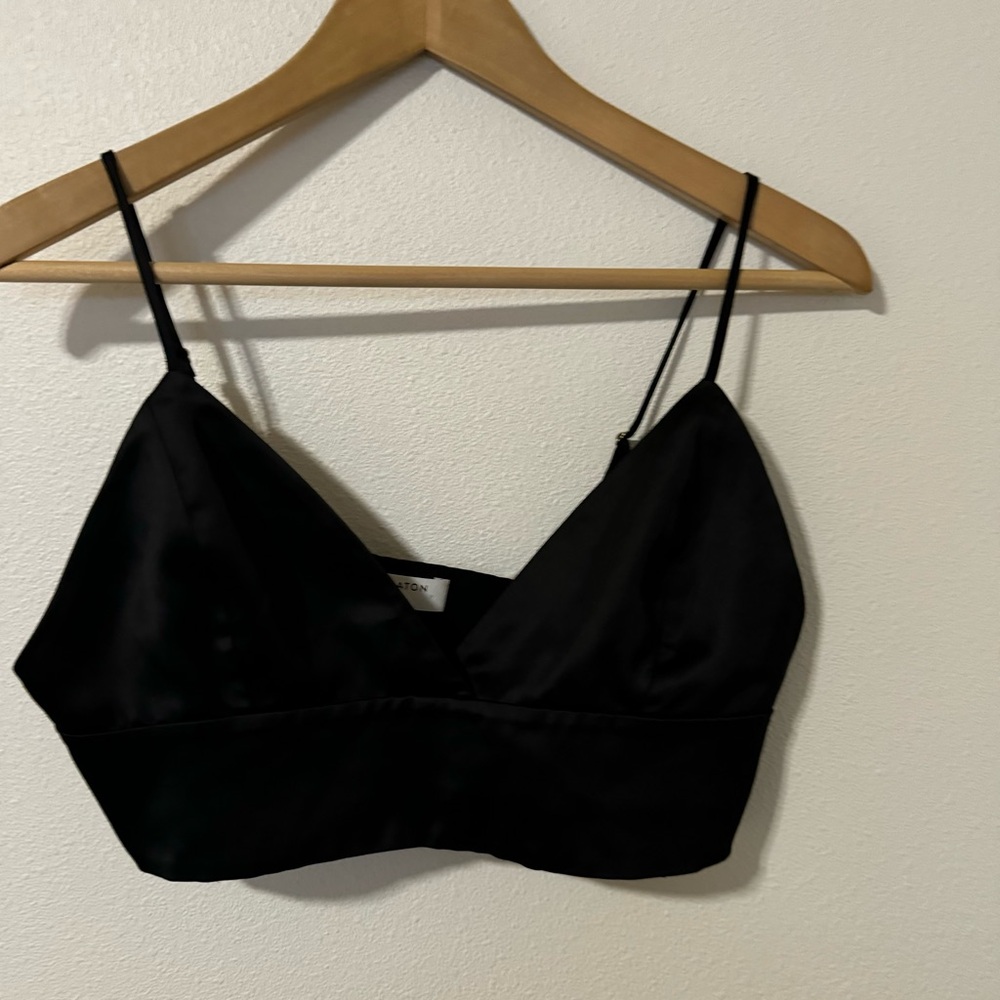 Aritzia Ten by Babaton Aria Top Black Satin Cropped Bra Top Smocked Back-Medium